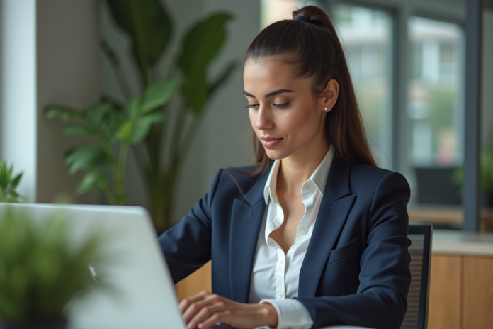 jeune-femme-bureau-ordinateur Jeune femme professionnelle travaillant sur un ordinateur dans un bureau moderne