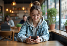 Avenir de Snapchat en 2025 : croissance ou déclin ? Jeune femme au cafe regardant son smartphone en 2025