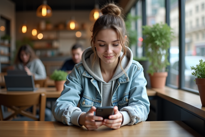 Jeune femme au cafe regardant son smartphone en 2025