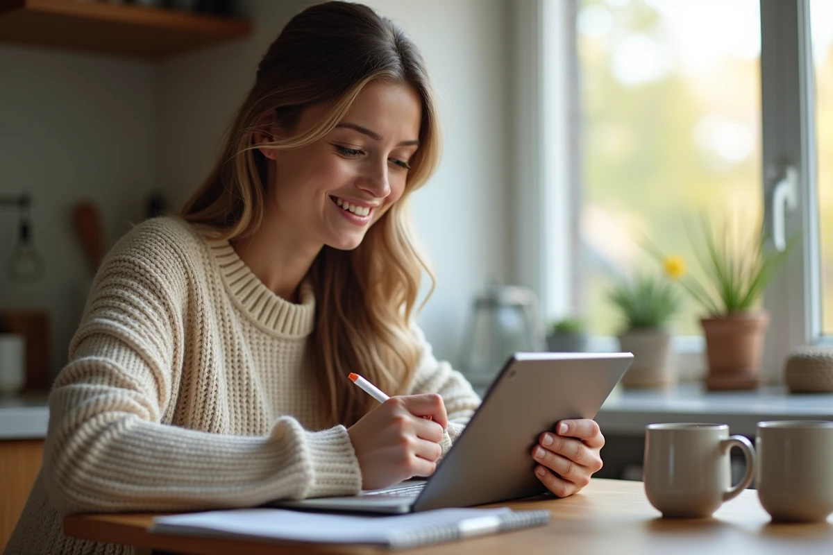 Jeune femme corrigeant une URL sur sa tablette à la maison