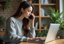 Jeune femme en train d'enregistrer une note vocale dans un salon cosy