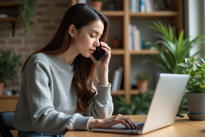 Jeune femme en train d'enregistrer une note vocale dans un salon cosy