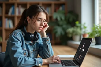 Jeune femme avec casque et veste en jean regardant son ordinateur