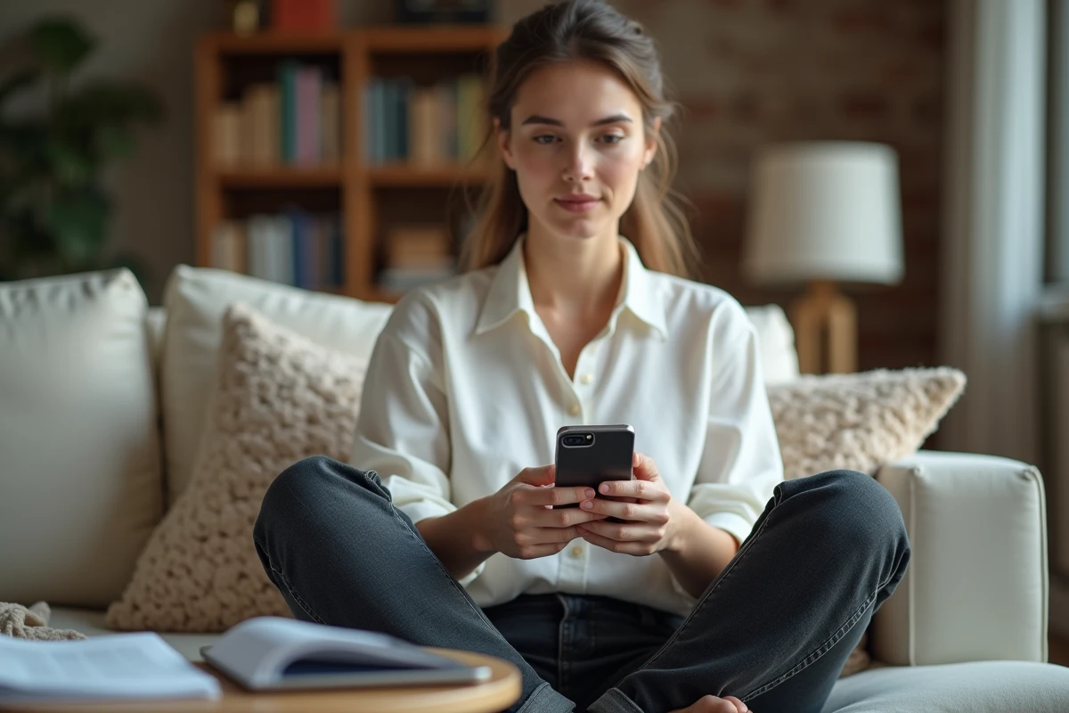 Jeune femme à la maison utilisant Word sur mobile pour transformer un PDF en fichier Word éditable