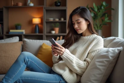 Jeune femme assise sur un canapé dans un salon cosy regardant son smartphone