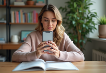 Jeune femme scanne un document avec son smartphone dans un bureau lumineux
