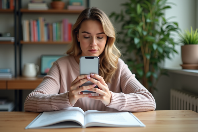 jeune-femme-scan-smartphone Jeune femme scanne un document avec son smartphone dans un bureau lumineux