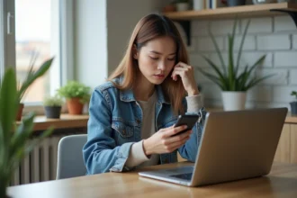 Jeune femme pensant avec smartphone dans son appartement
