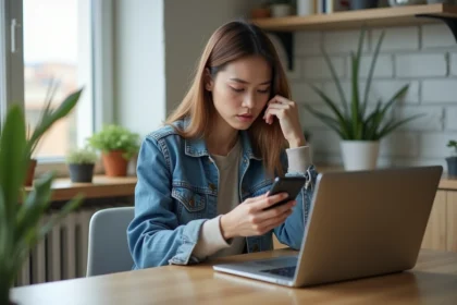 Jeune femme pensant avec smartphone dans son appartement