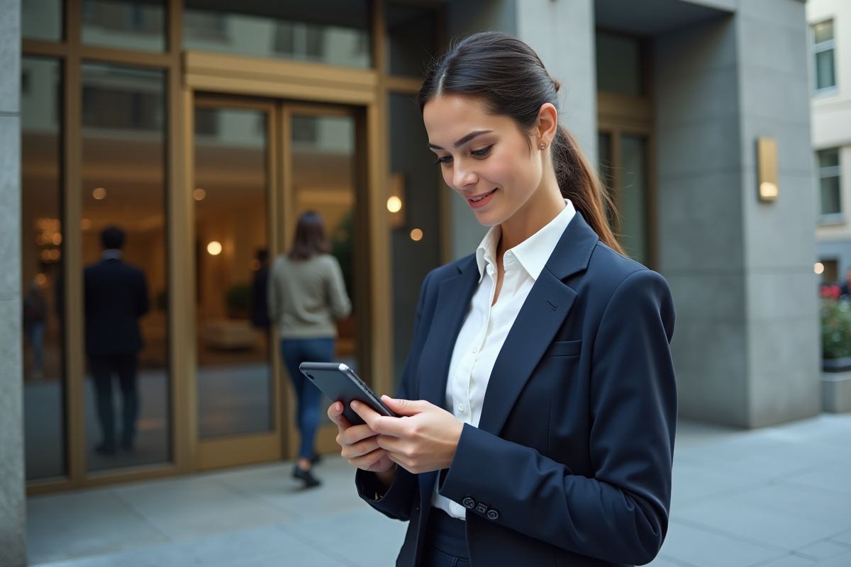 Jeune femme regardant son smartphone devant un bâtiment moderne
