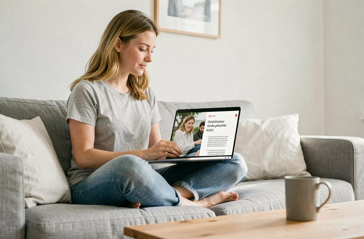 Jeune femme utilisant un outil de traduction de photo en ligne sur son ordinateur portable dans son salon