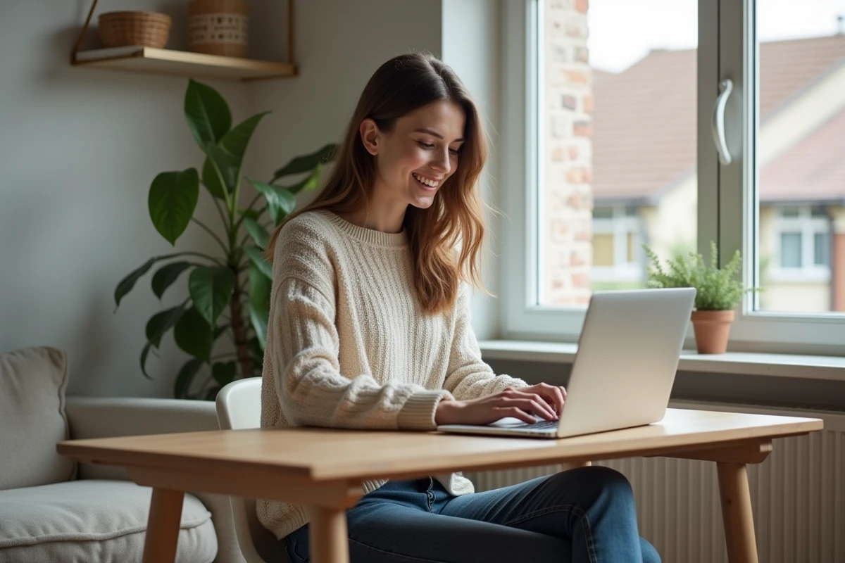 Jeune femme souriante travaillant sur son laptop à la maison