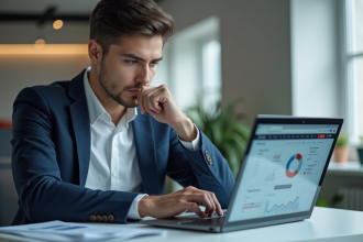 Jeune homme professionnel comparant SEO et SEA sur ses laptops