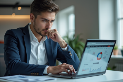 Jeune homme professionnel comparant SEO et SEA sur ses laptops