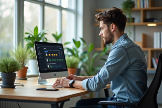 Jeune homme au bureau regardant un ordinateur portable