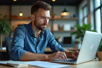 Jeune homme professionnel analysant un site web au bureau