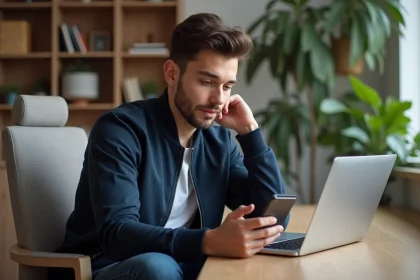 Jeune homme au bureau regarde son smartphone et compare des prix