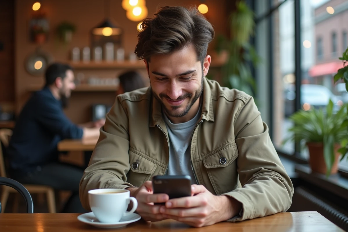 Jeune homme au café regardant son smartphone avec un sourire discret
