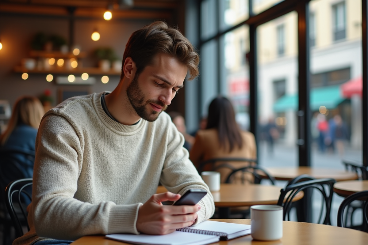 Jeune homme au café utilisant son smartphone