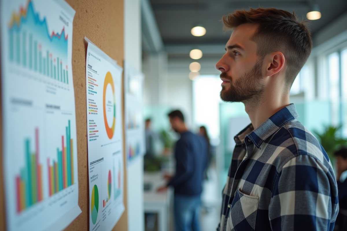 Jeune homme examinant des graphiques SEO sur un tableau