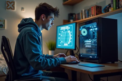 Jeune homme concentré devant son PC gaming dans sa chambre