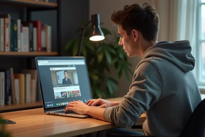 Jeune homme en hoodie regarde un ordinateur dans un bureau cosy