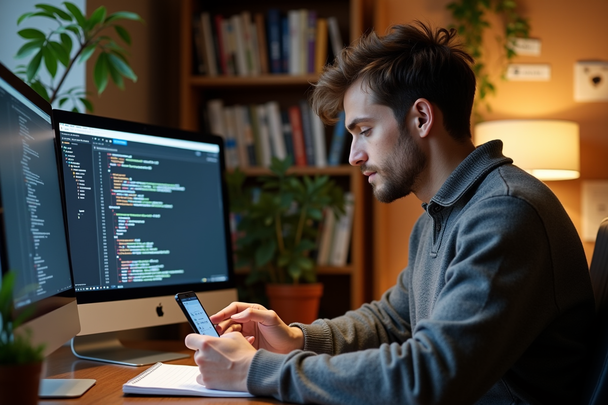 Jeune homme étudiant du code sur un grand écran dans un espace cosy