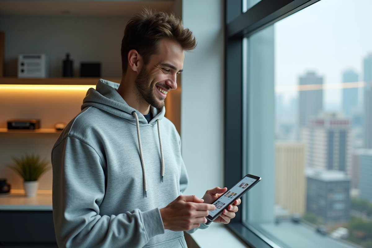 Jeune homme souriant regardant albums photos sur tablette