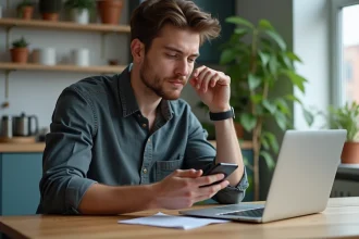 Jeune homme assis à la cuisine avec smartphone et ordinateur