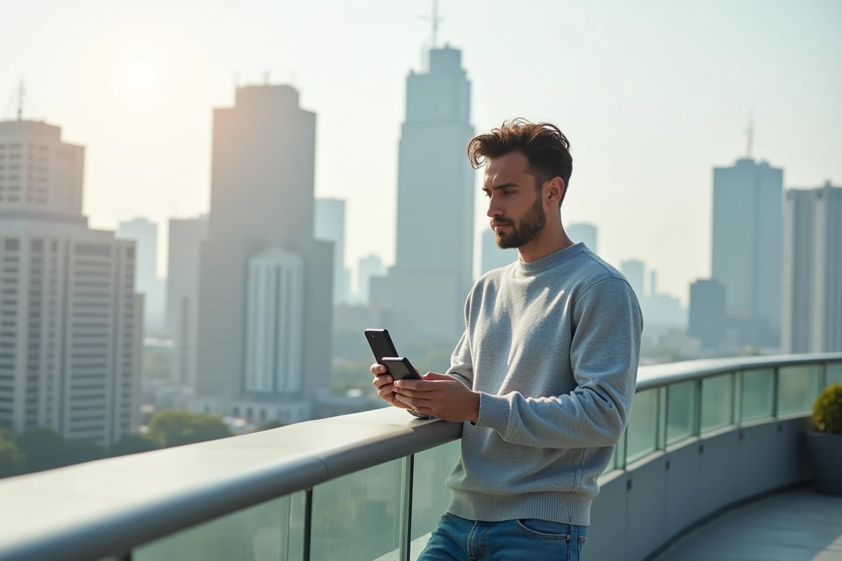 Jeune homme sur un rooftop urbain avec deux smartphones modernes