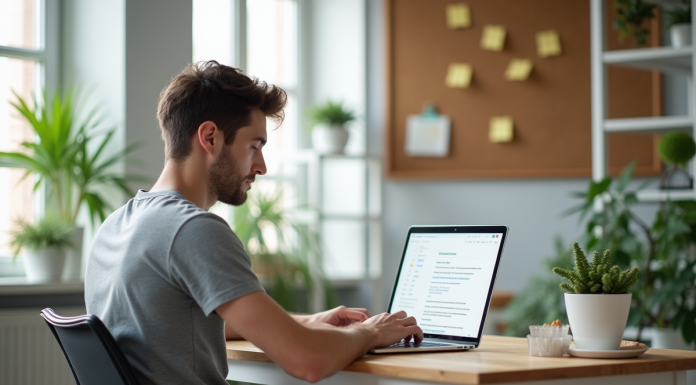 Héberger un site Web dynamique : astuces et solutions sur GitHub Jeune homme concentré travaillant sur son laptop dans un bureau moderne