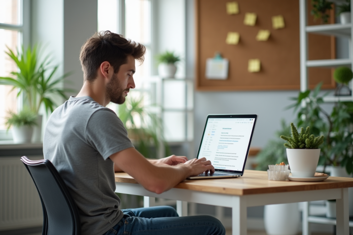 Jeune homme concentré travaillant sur son laptop dans un bureau moderne