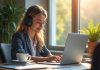 Jeune professionnel avec casque étudiant guides SEO sur un ordinateur