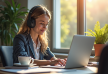 Jeune professionnel avec casque étudiant guides SEO sur un ordinateur