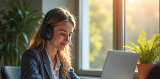 Jeune professionnel avec casque étudiant guides SEO sur un ordinateur