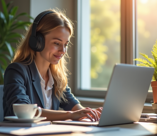 Jeune professionnel avec casque étudiant guides SEO sur un ordinateur