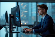 Sécurité informatique : Quels critères pour un système d’information sécurisé ? Jeune homme en costume analyse un tableau digital dans un bureau moderne