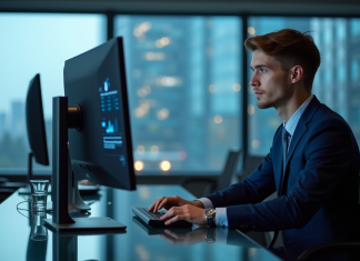 Sécurité informatique : Quels critères pour un système d’information sécurisé ? Jeune homme en costume analyse un tableau digital dans un bureau moderne