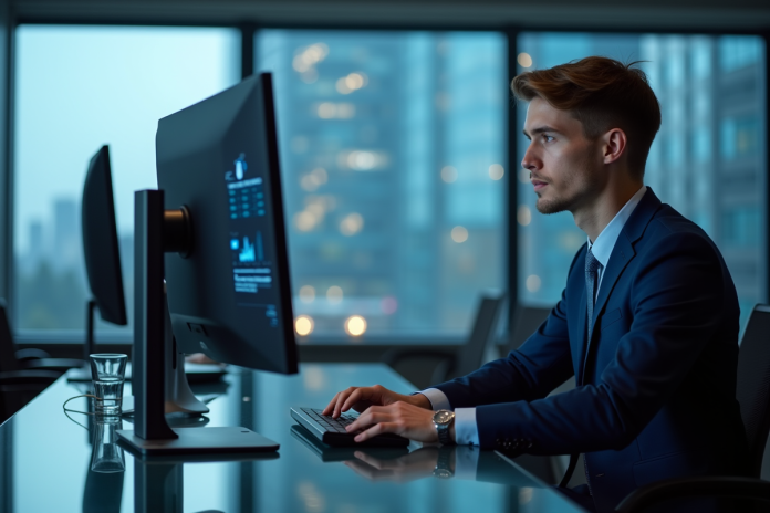 Jeune homme en costume analyse un tableau digital dans un bureau moderne