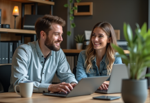 Jeun homme et femme travaillant sur leurs laptops dans un bureau moderne