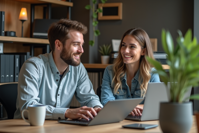 jeunes-travailleurs-bureau Jeun homme et femme travaillant sur leurs laptops dans un bureau moderne