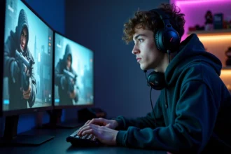 Joueur CS2 concentré devant son setup gaming double écran avec casque et clavier mécanique