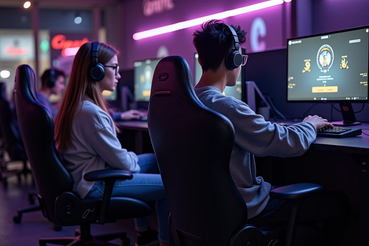 Deux joueurs en esports café comparant leurs rangs CS2 sur écrans avec icônes de grade visibles