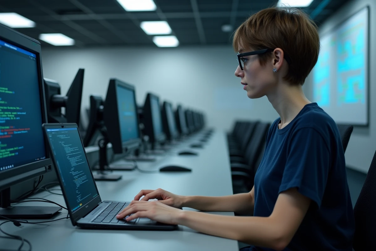 Étudiante en cybersécurité configurant Kali Linux sur une VM légère dans une salle informatique universitaire