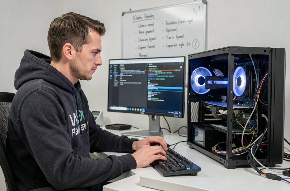 Technicien MAD Informatique concentré devant deux écrans dans un atelier moderne, effectuant une analyse antivirus sur le PC d'un client