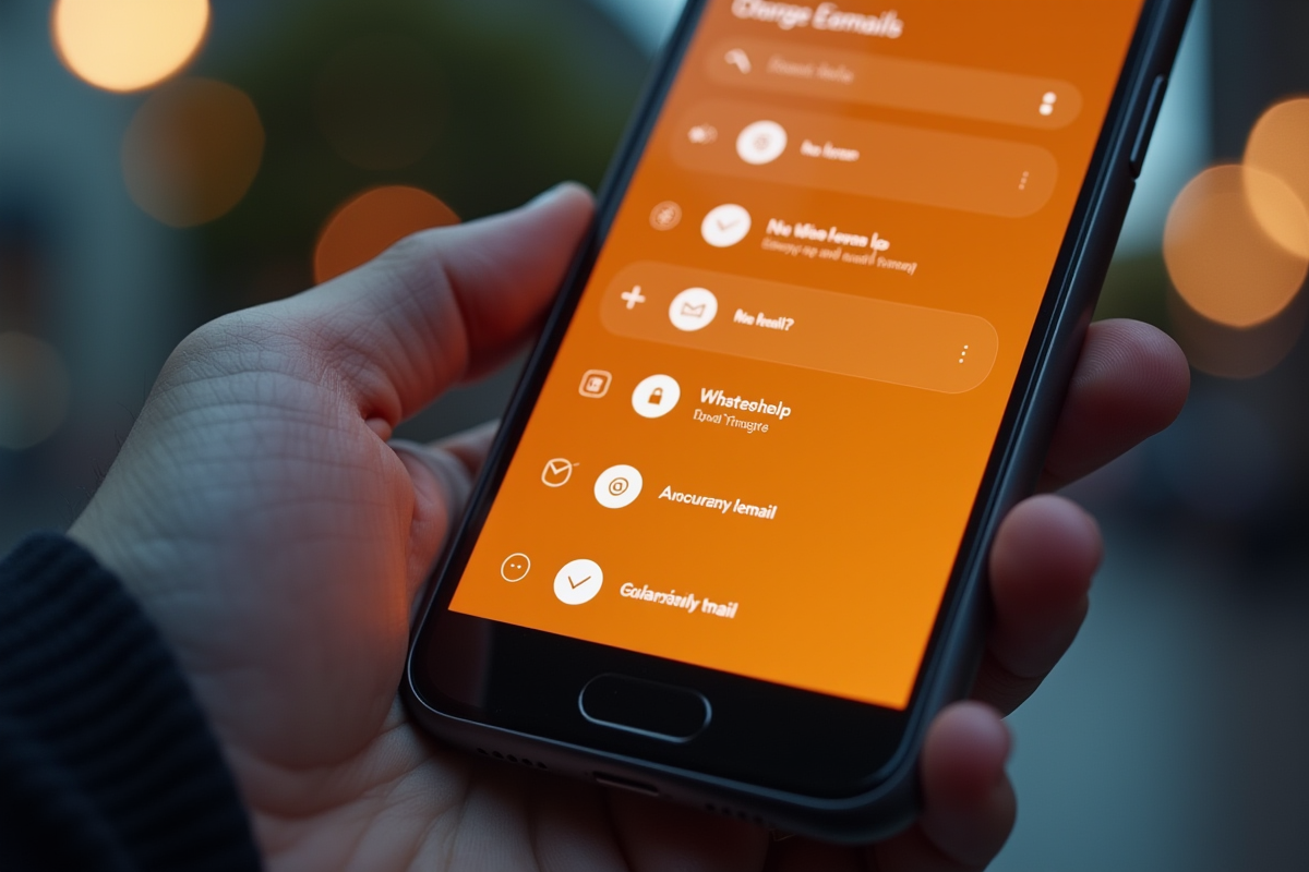 Main tenant un smartphone avec une application email orange