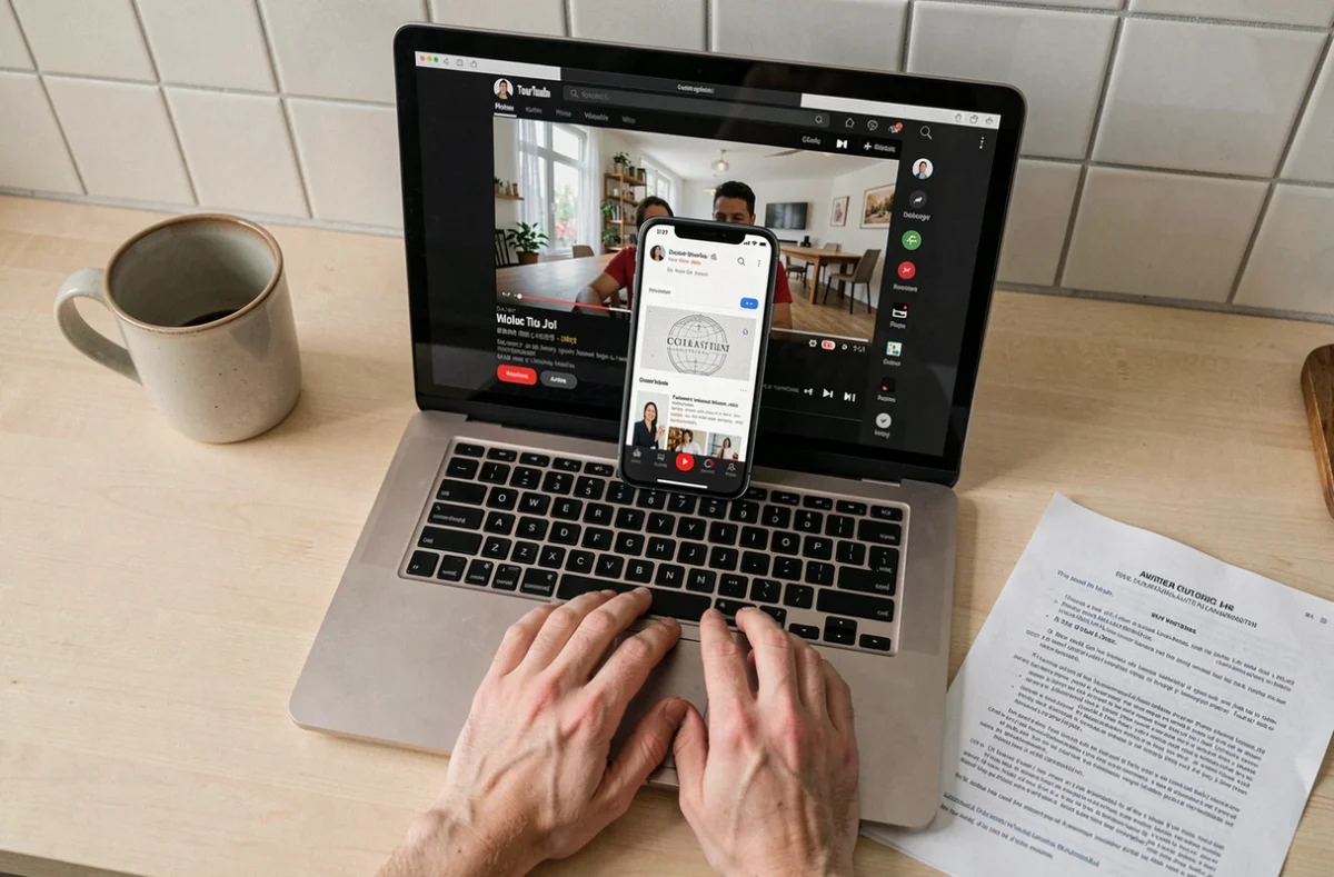 Gros plan sur des mains devant un ordinateur et un smartphone affichant YouTube, avec un document juridique sur le droit d'auteur musical et la conversion MP3