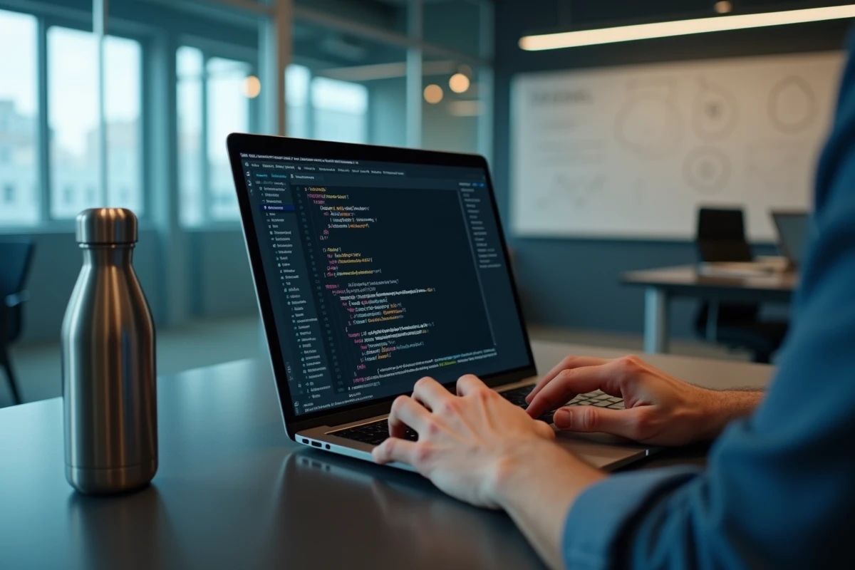 Mains de développeur tapant du code HTML de formulaire sur un ordinateur portable dans un bureau tech minimaliste
