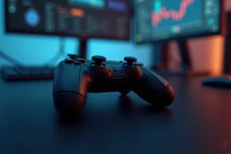 Manette de console Xbox nouvelle génération posée sur un bureau high-tech avec écrans en arrière-plan