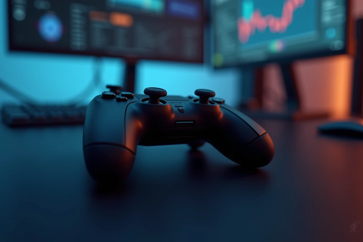 Manette de console Xbox nouvelle génération posée sur un bureau high-tech avec écrans en arrière-plan